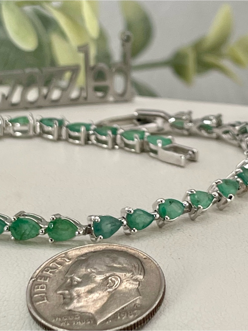 6.46ct Emerald Tennis Bracelet 7.5" 14k white Gold on Silver 925 Pearl cut